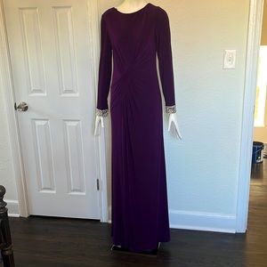 Vince Camuto Women's Purple Long-sleeve Embellished Faux-wrap Gown.